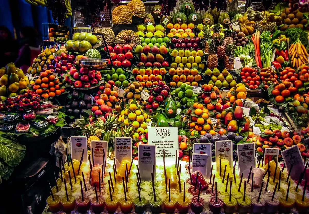 A fruit stand at La Boqueria market