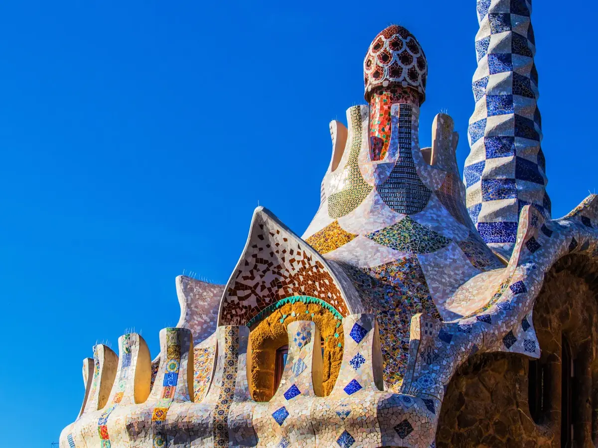 Mosaic-covered gatehouse at Park Güell