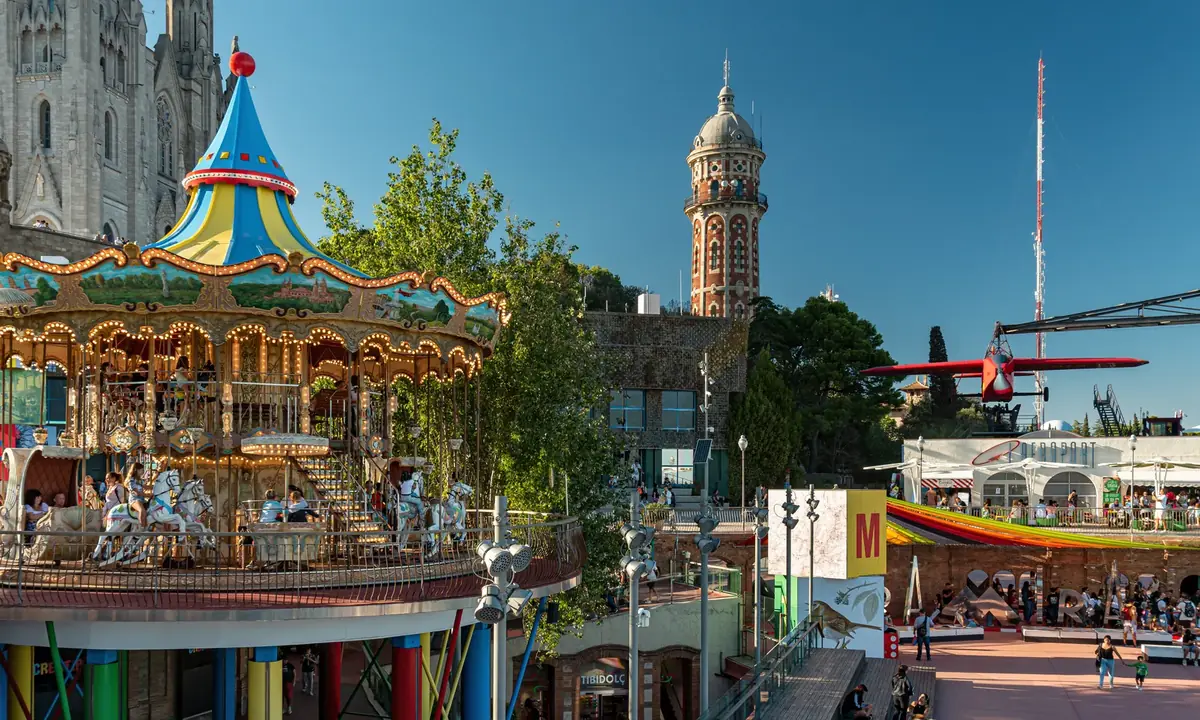 Carousel and rides at Tibidabo Amusement Park